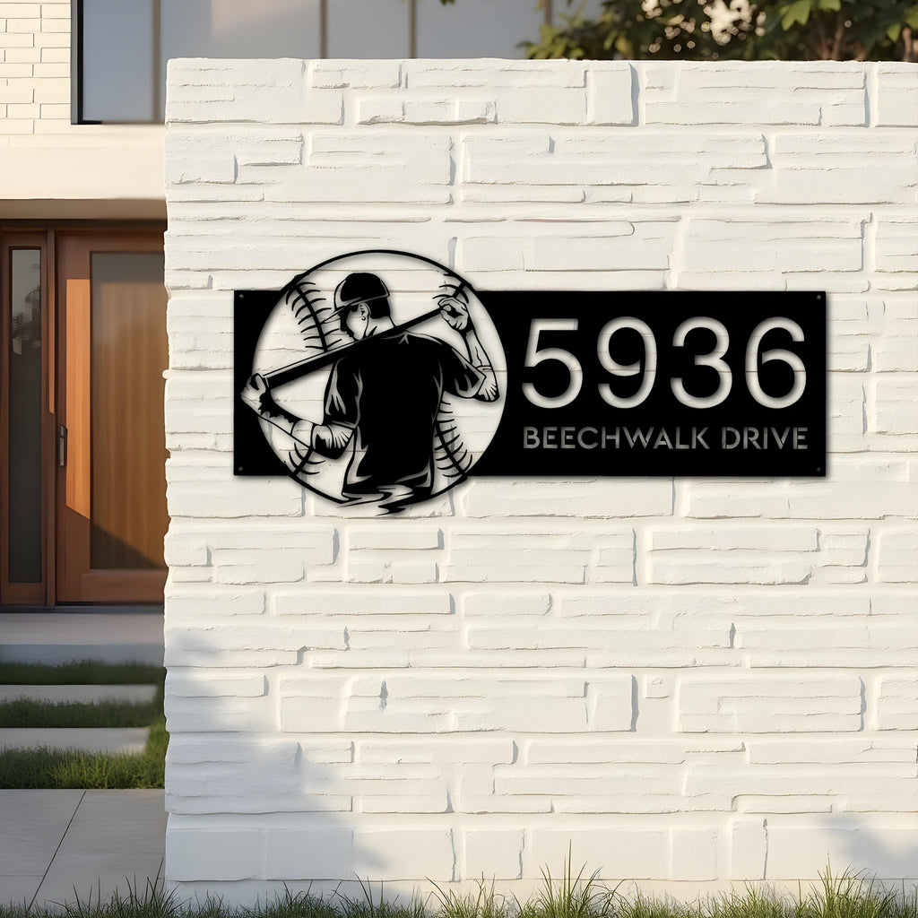 Custom Metal Baseball player Sport Metal Address Sign, House number, Outdoor Number Signage, Yard Sign Address Plate001