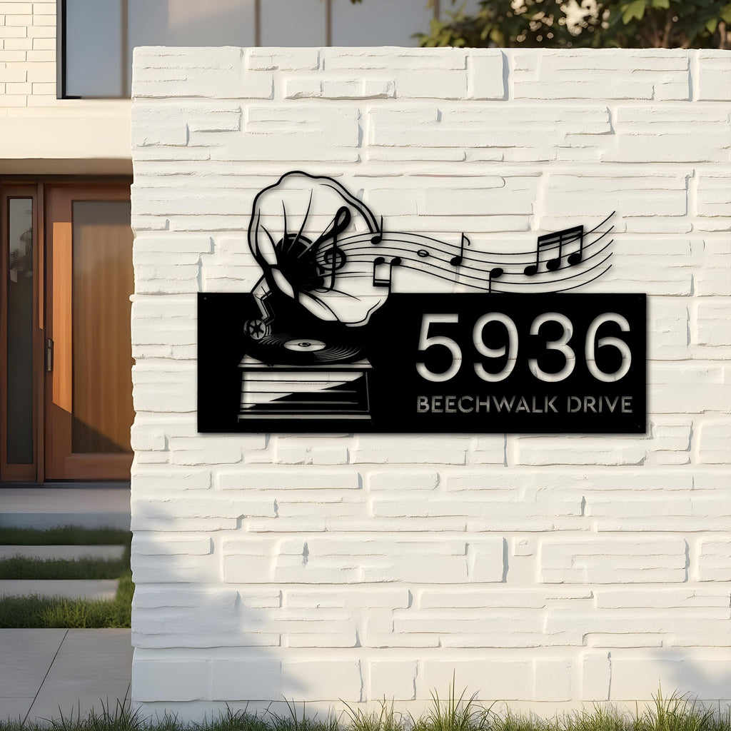 Custom Metal Gramophone retro record music Metal Address Sign Custom House number Hanging Address Plaque Yard Sign Outdoor