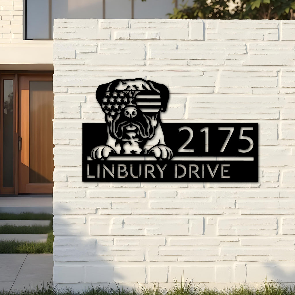 Custom Metal Bullmastiff dog US flag glasses Metal Address Sign House number Hanging Address Plaque Yard Sign Outdoor decor