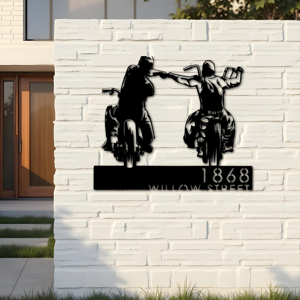 Custom Metal Biker brothers fist bump Motocycle riders Metal Address Sign, House number, Outdoor Number Signage, Yard Sign Address Plate