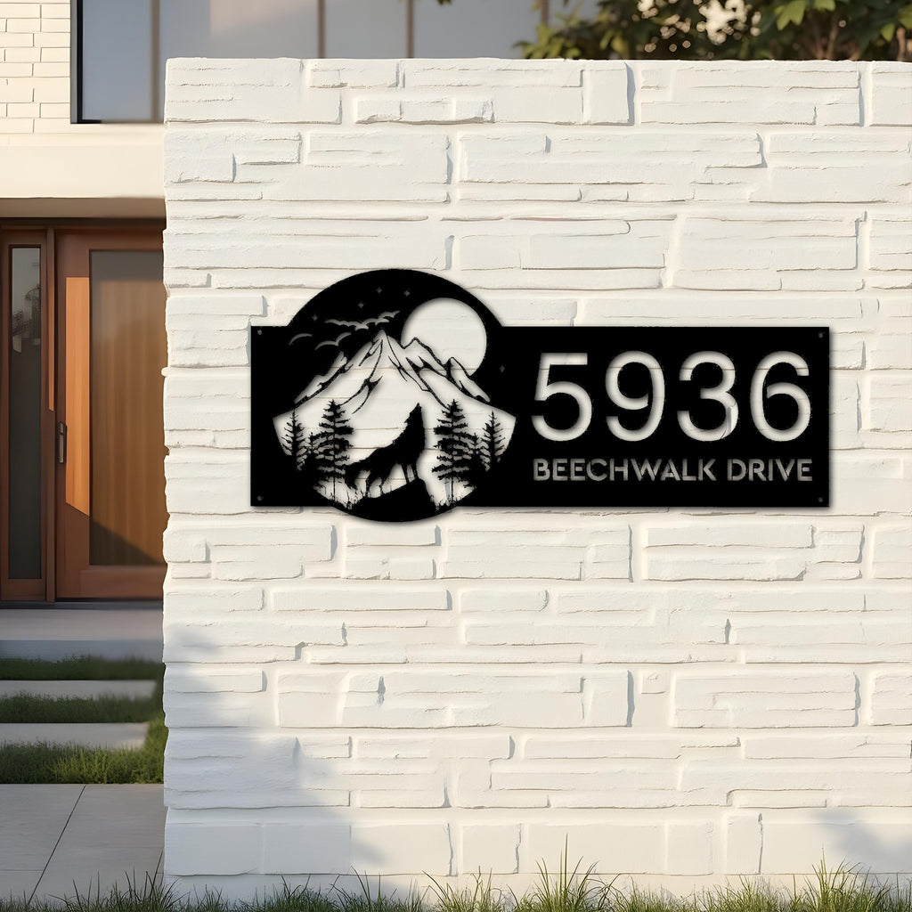 Custom Metal Wolf howling on full moon Metal Address Sign, House number, Outdoor Number Signage, Yard Sign Address Plate002
