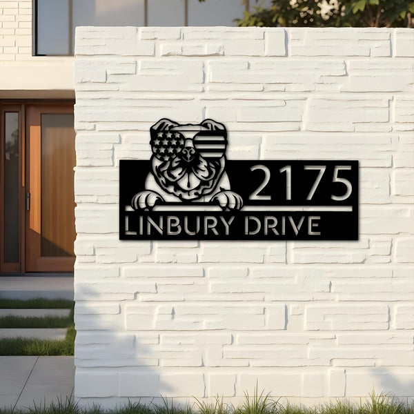 Custom Metal English Bulldog dog US flag glasses Metal Address Sign House number Hanging Address Plaque Yard Sign Outdoor decor