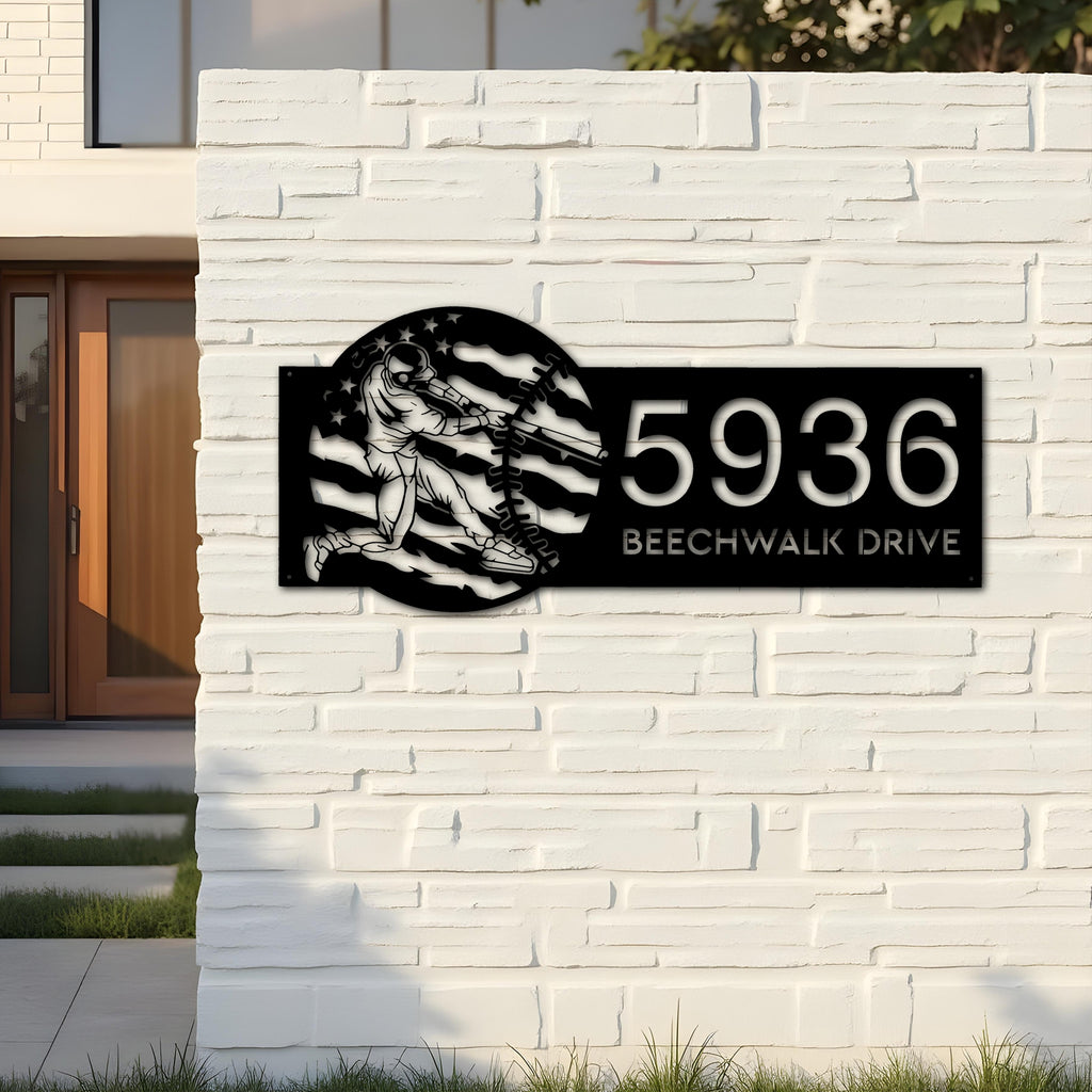 Custom Metal Baseball player distressed US flag Metal Address Sign, House number, Outdoor Number Signage, Yard Sign Address Plate