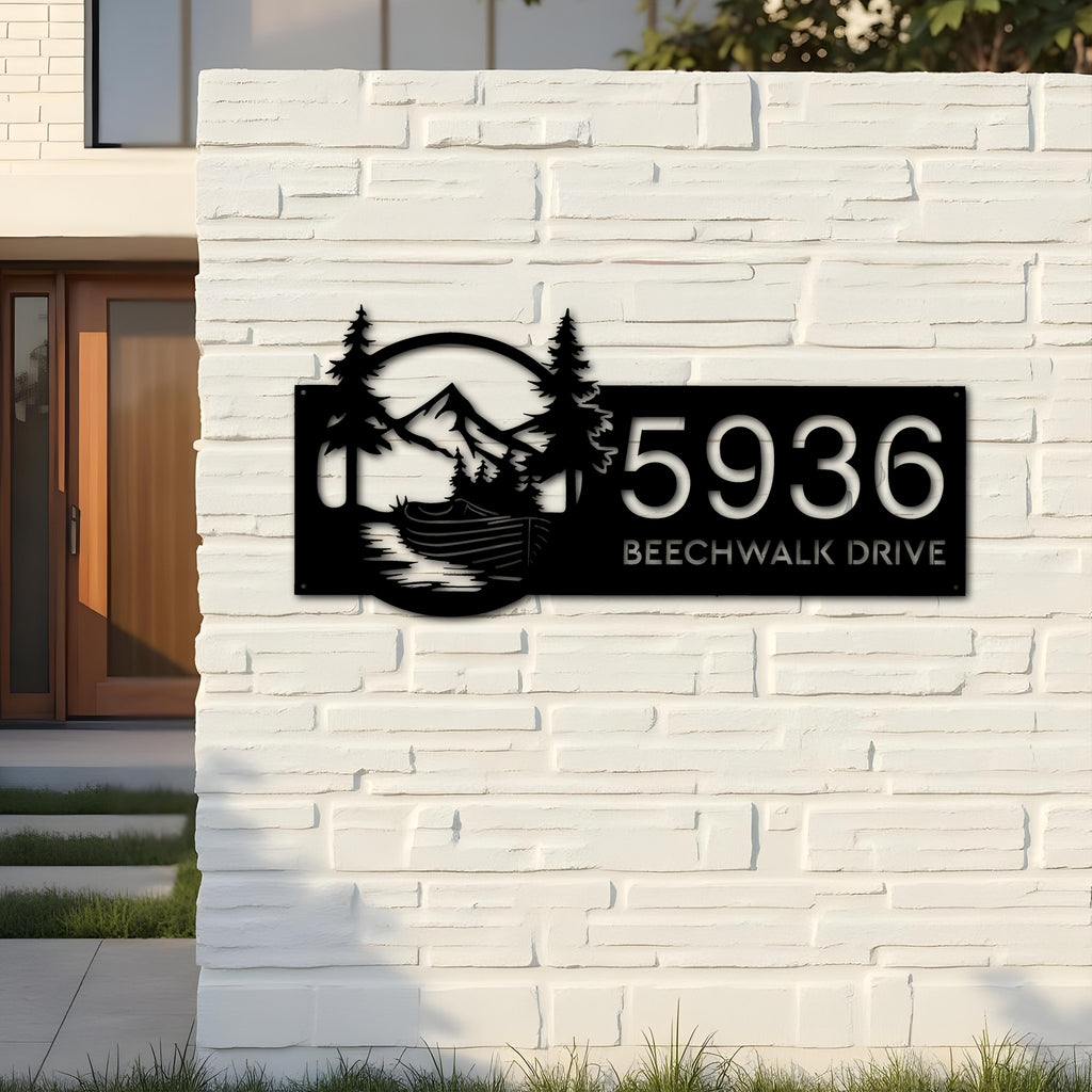 Custom Metal Boat on River Mountain Forest Wild Scene Metal Address Sign House Number Hanging Address Plaque Yard Sign Outdoor Sign