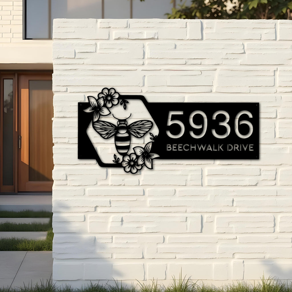 Custom Metal Bee on floral frame Metal Address Sign Custom House Number Hanging Address Plaque Yard Sign Outdoor Sign