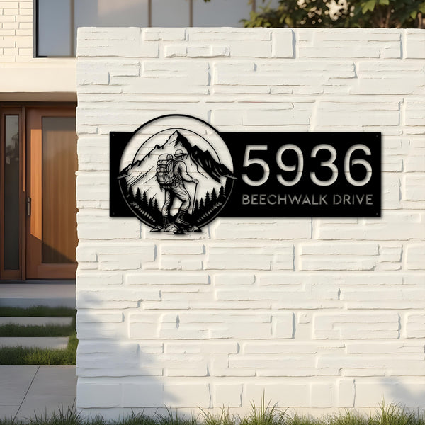 Custom Metal Hiker Camping mountain climbing Metal Address Sign, House number, Outdoor Number Signage, Yard Sign Address Plate