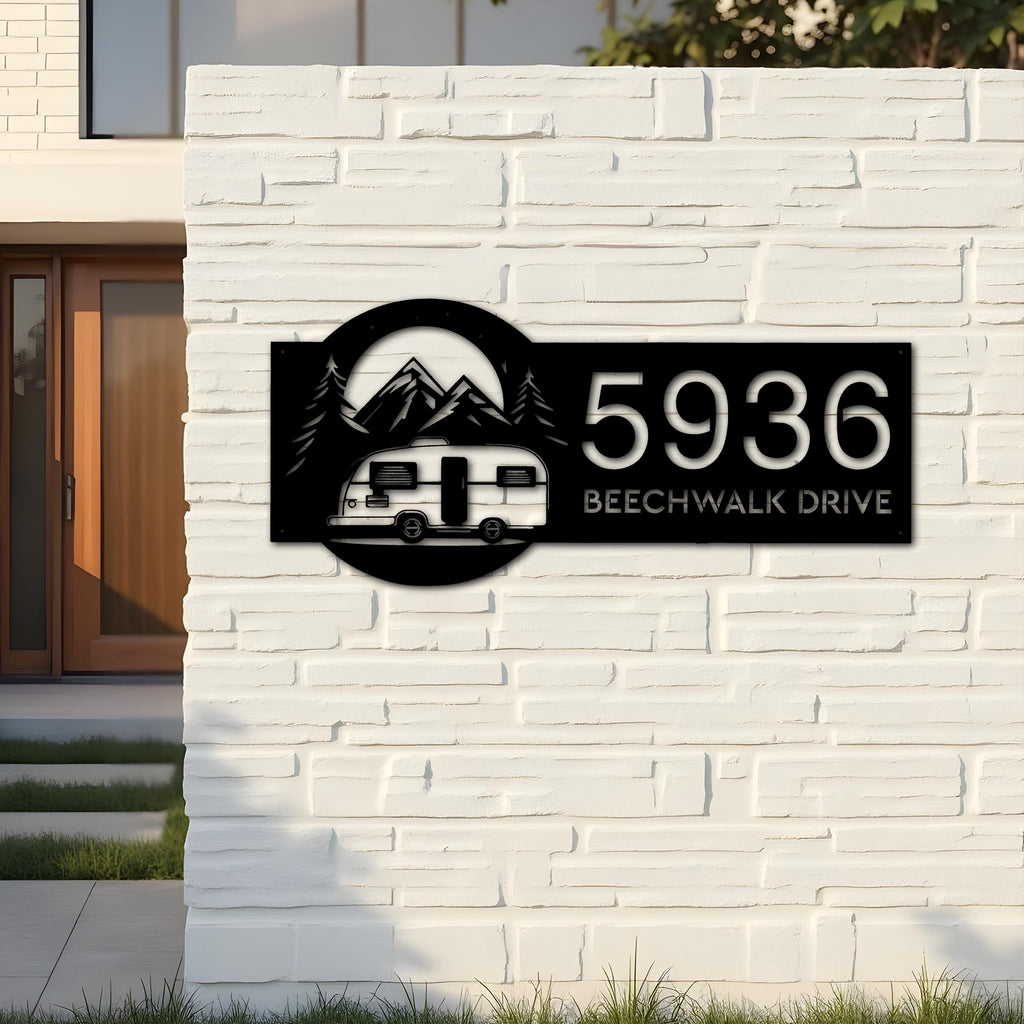 Custom Metal Camping trailer adventure Metal Address Sign Custom House number Hanging Address Plaque Yard Sign Outdoor
