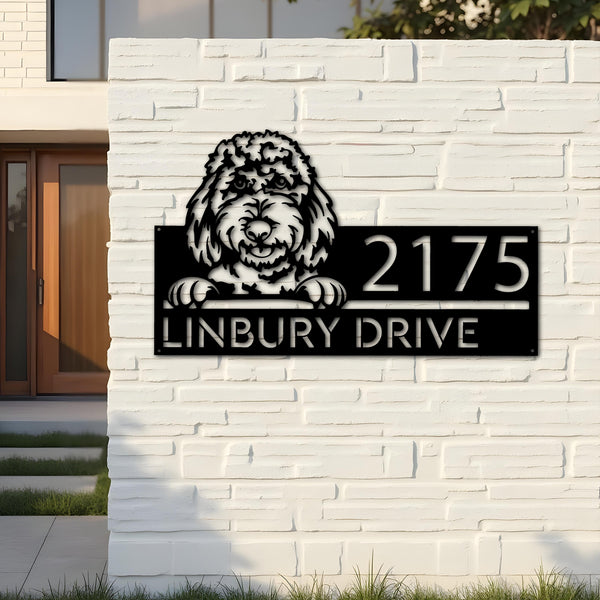 Custom Metal Goldendoodles dog Cute puppy Metal Address Sign House number Hanging Address Plaque Yard Sign Outdoor decor