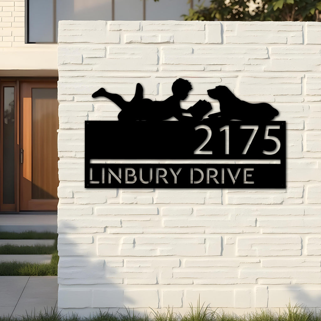 Custom Metal Boy reading book with dog Metal Address Sign, House number, Outdoor Number Signage, Yard Sign Address Plate