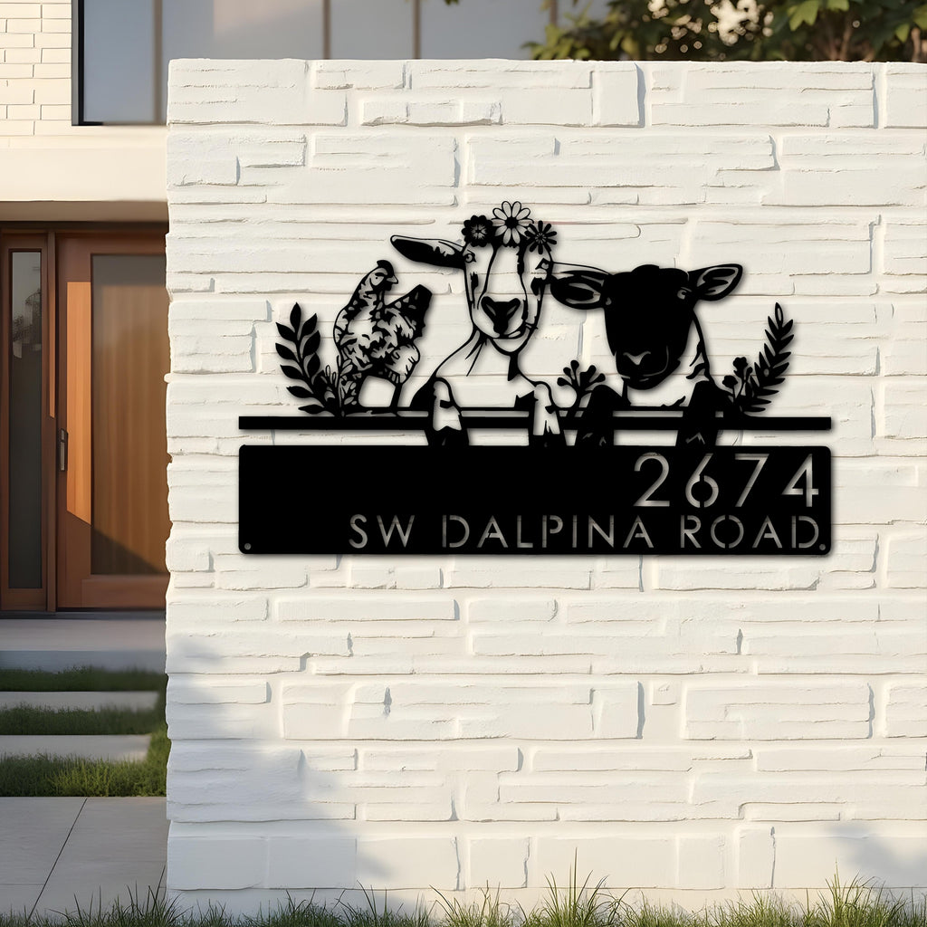 Custom Metal Goat sheep chicken farmhouse farm animals Metal Address Sign, House number, Outdoor Number Signage, Yard Sign Address Plate