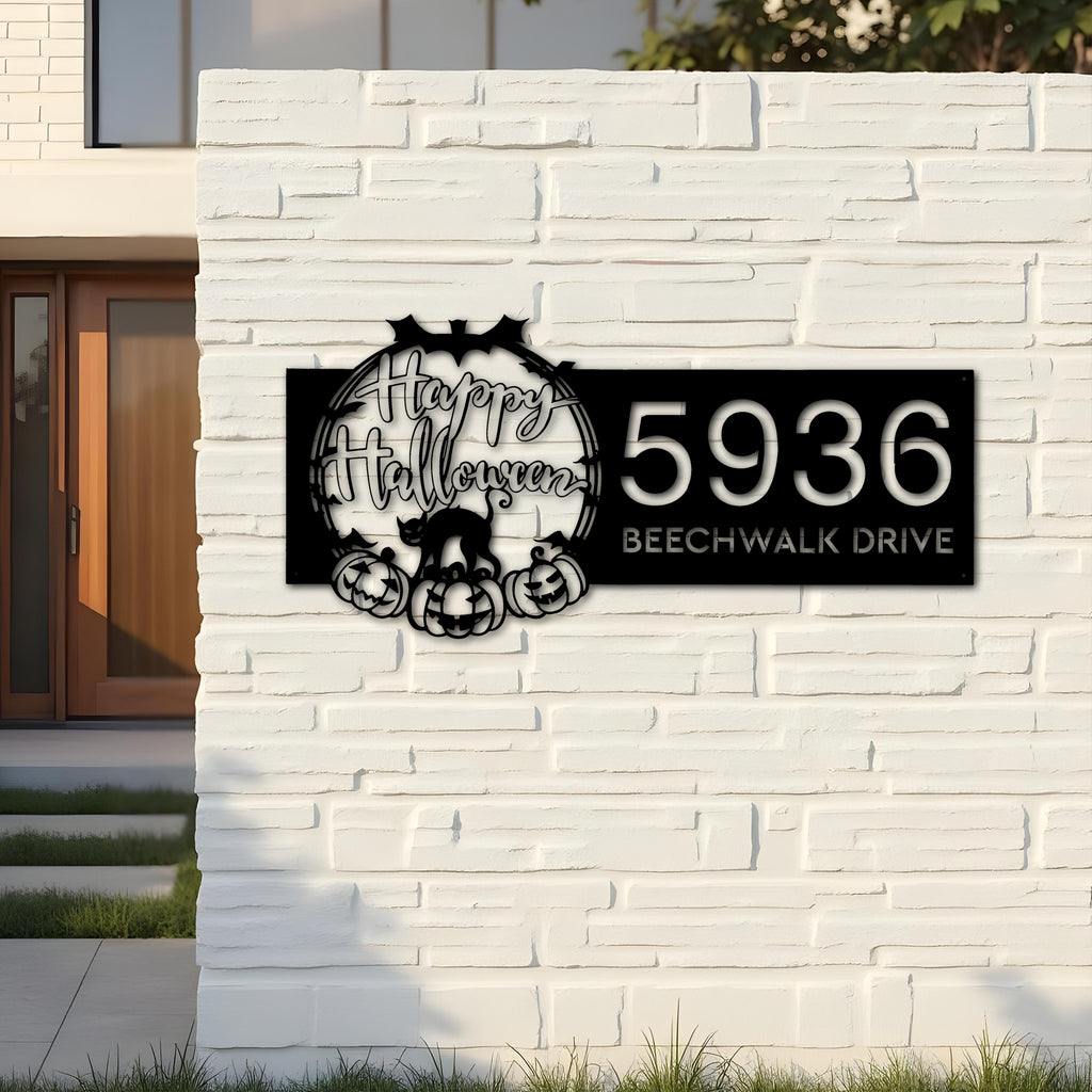 Custom Metal Halloween black cat pumpkins bats Metal Address Sign Custom House number Hanging Address Plaque Yard Outdoor Sign