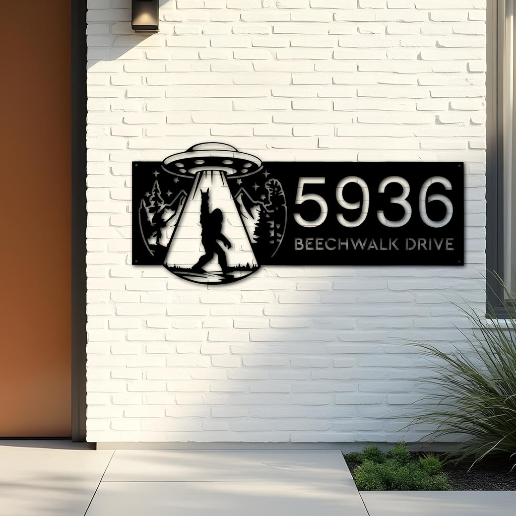 Custom Metal Bigfoot Sasquatch UFO Metal Address Sign, House number, Outdoor Number Signage, Yard Sign Address Plate