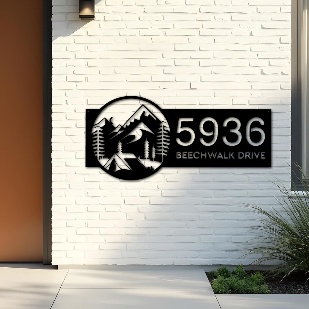 Custom Metal Camping tent adventure Metal Address Sign Custom House number Hanging Address Plaque Yard Sign Outdoor