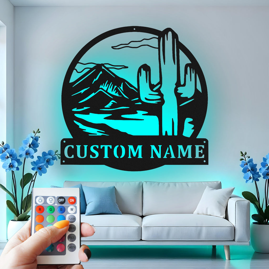 Custom Desert Cactus Metal Wall Art With Led Light , Personalized Southwest Decor, Mountain Scene Metal Wall Art Gift