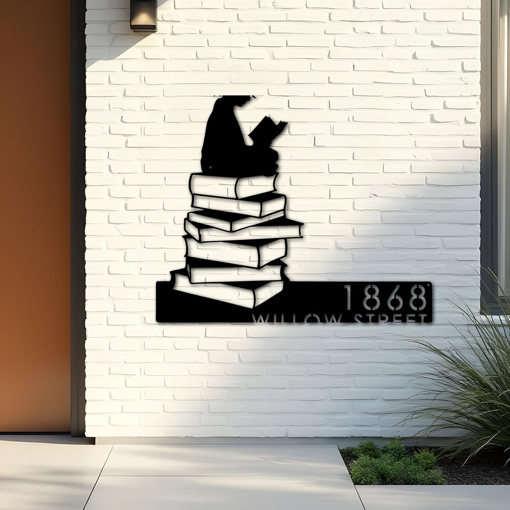 Custom Metal Girl Reading Book Book Lover Metal Address Sign, House number, Outdoor Number Signage, Yard Sign Address Plate