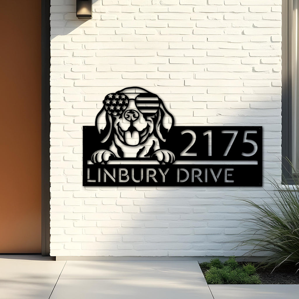 Custom Metal Beagle dog US flag glasses Metal Address Sign House number Hanging Address Plaque Yard Sign Outdoor decor