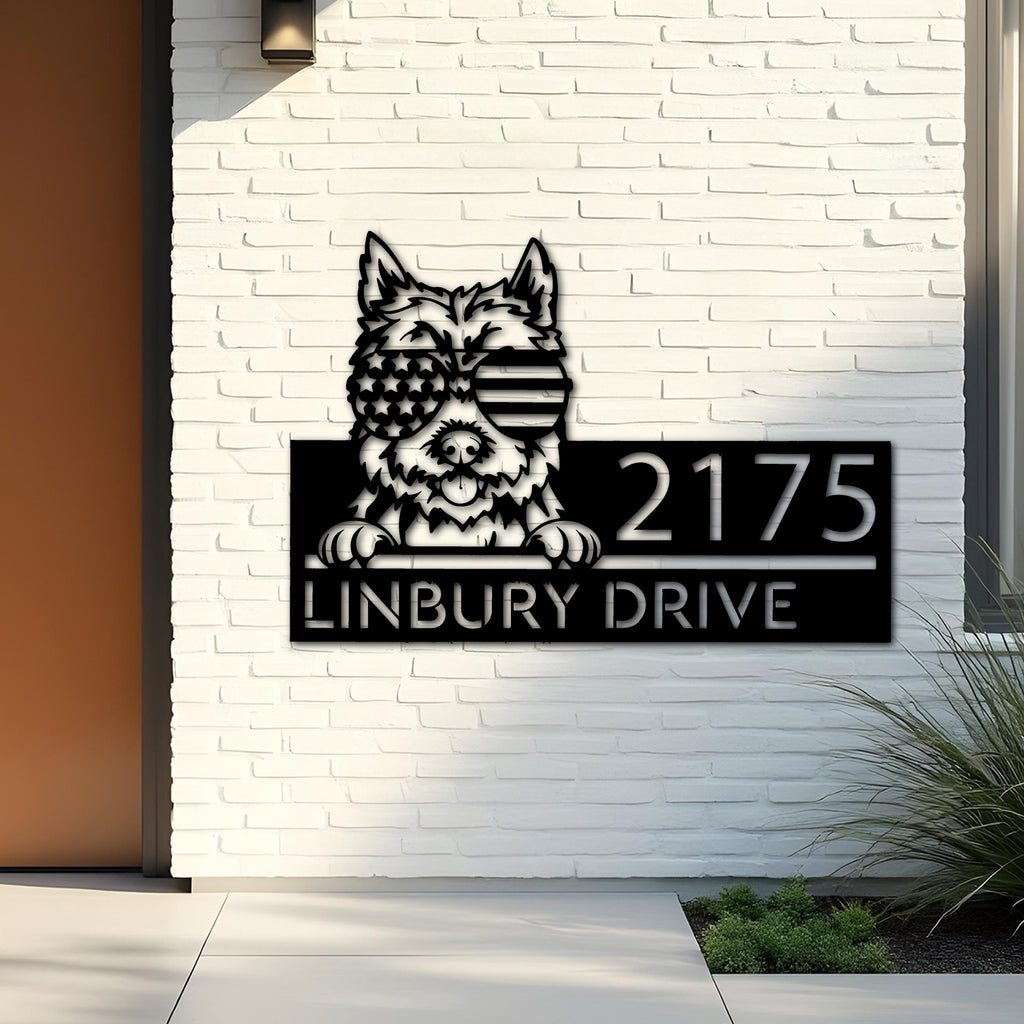 Custom Metal Cairn Terrier dog US flag glasses Metal Address Sign House number Hanging Address Plaque Yard Sign Outdoor decor