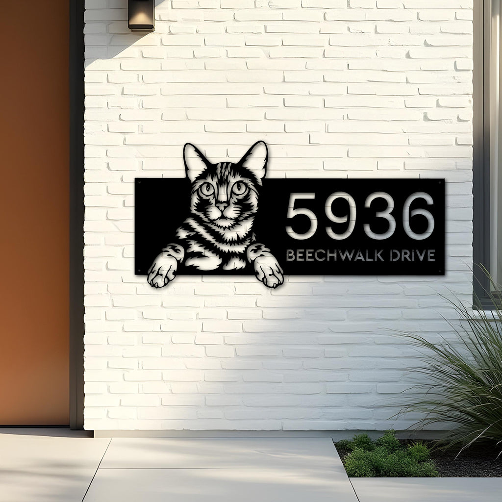 Custom Metal Bengal Cute peeking cat kitten Metal Address Sign, House number, Outdoor Number Signage, Yard Sign Address Plate