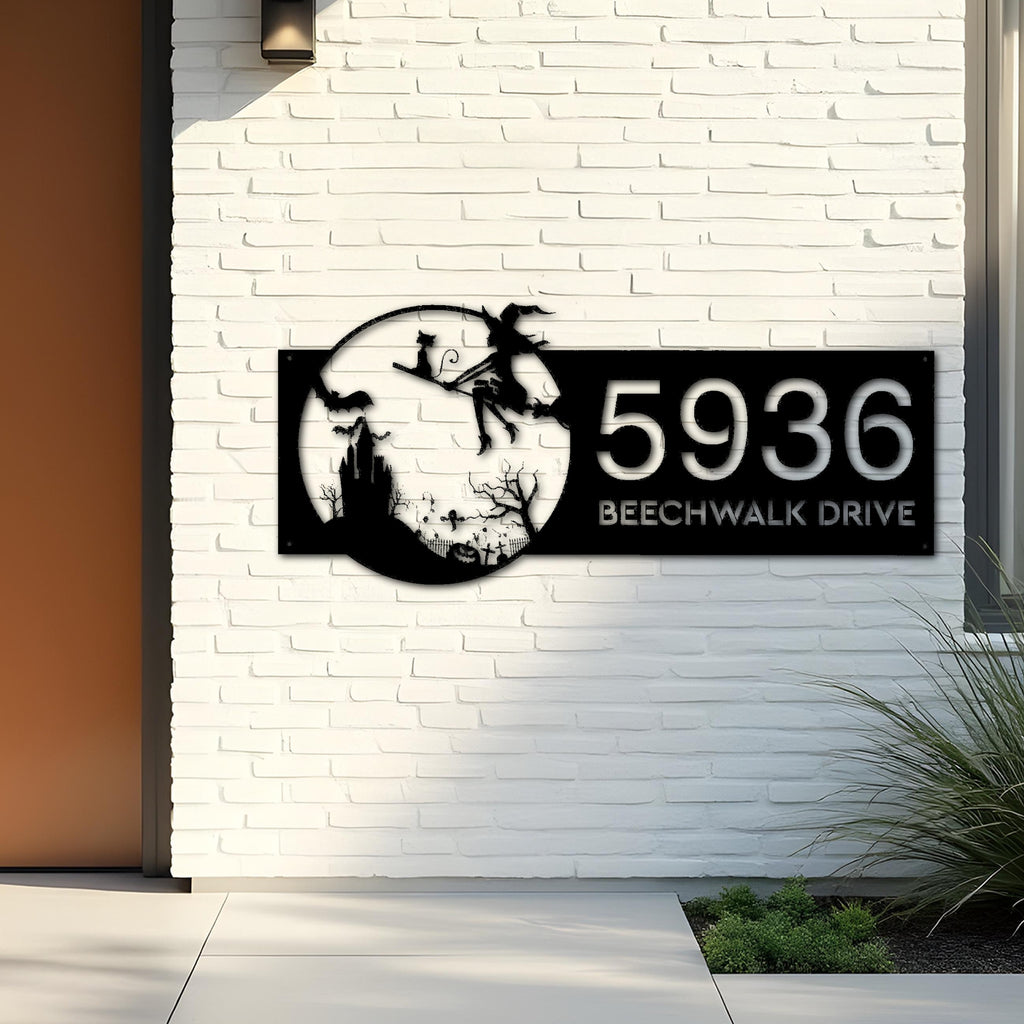 Custom Metal Witch and black cat flying Halloween Metal Address Sign, House number, Outdoor Number Signage, Yard Sign Address Plate