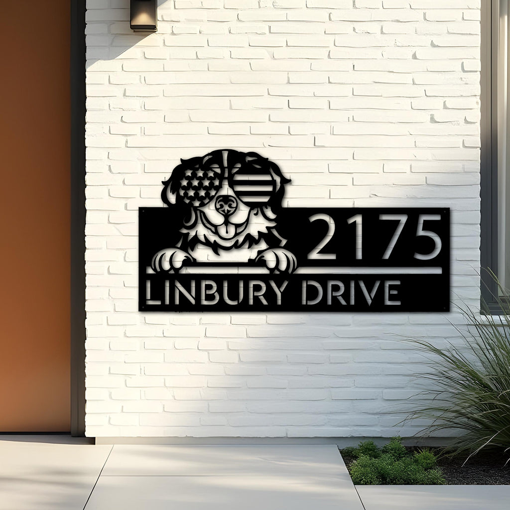 Custom Metal Bernese mountain dog US glasses Metal Address Sign House number Hanging Address Plaque Yard Sign Outdoor decor