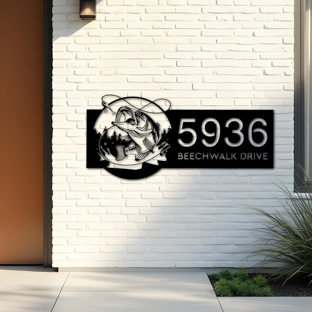 Custom Metal Bass fishing rod bait Metal Address Sign, House number, Outdoor Number Signage, Yard Sign Address Plate