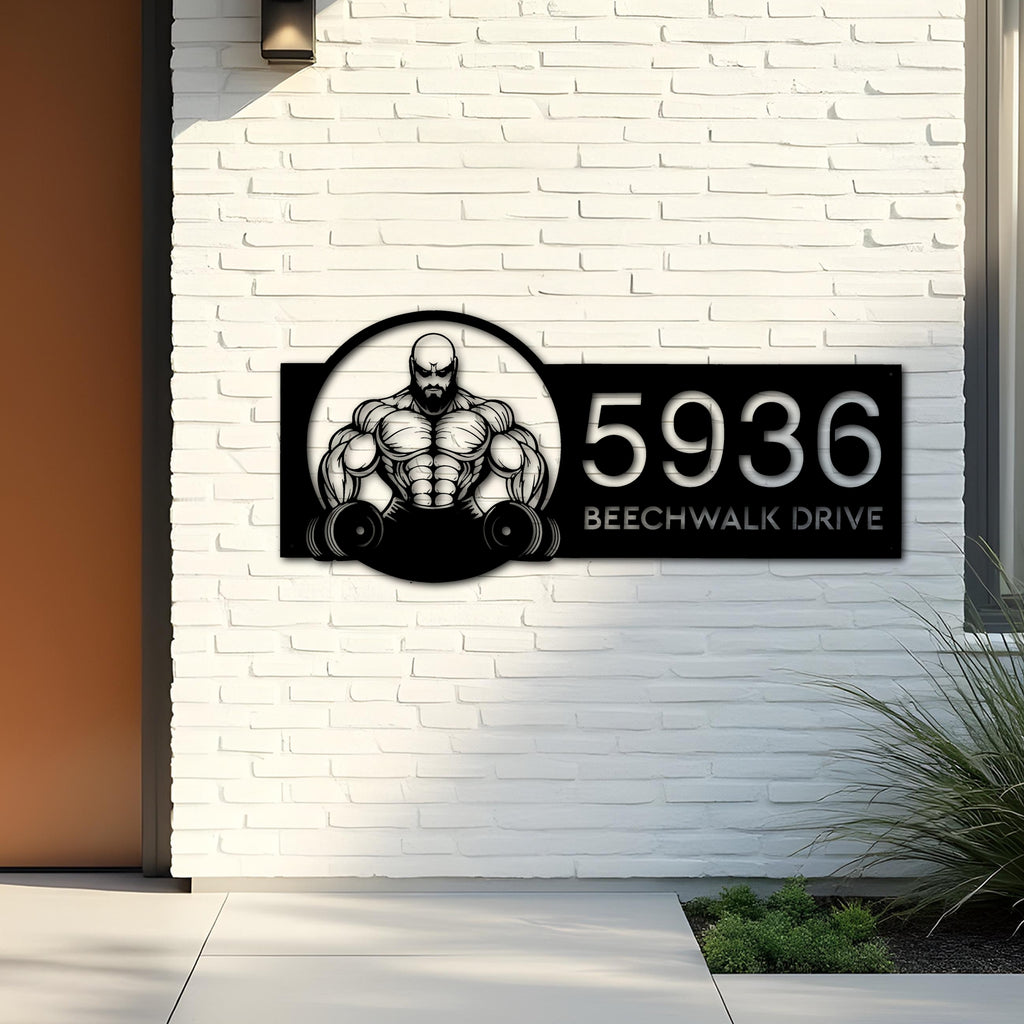 Custom Metal Bodybuilder gymer Metal Address Sign Custom House number Hanging Address Plaque Yard Sign Outdoor