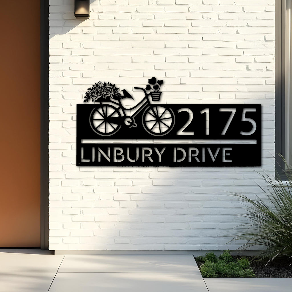 Custom Metal Bicycle with flower and hearts Metal Address Sign, House number, Outdoor Number Signage, Yard Sign Address Plate