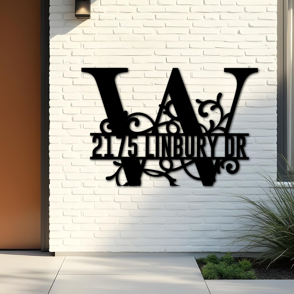 Custom Metal Floral Monogram Split Letter W Metal Address Sign House number Hanging Address Plaque Yard Sign Outdoor decor