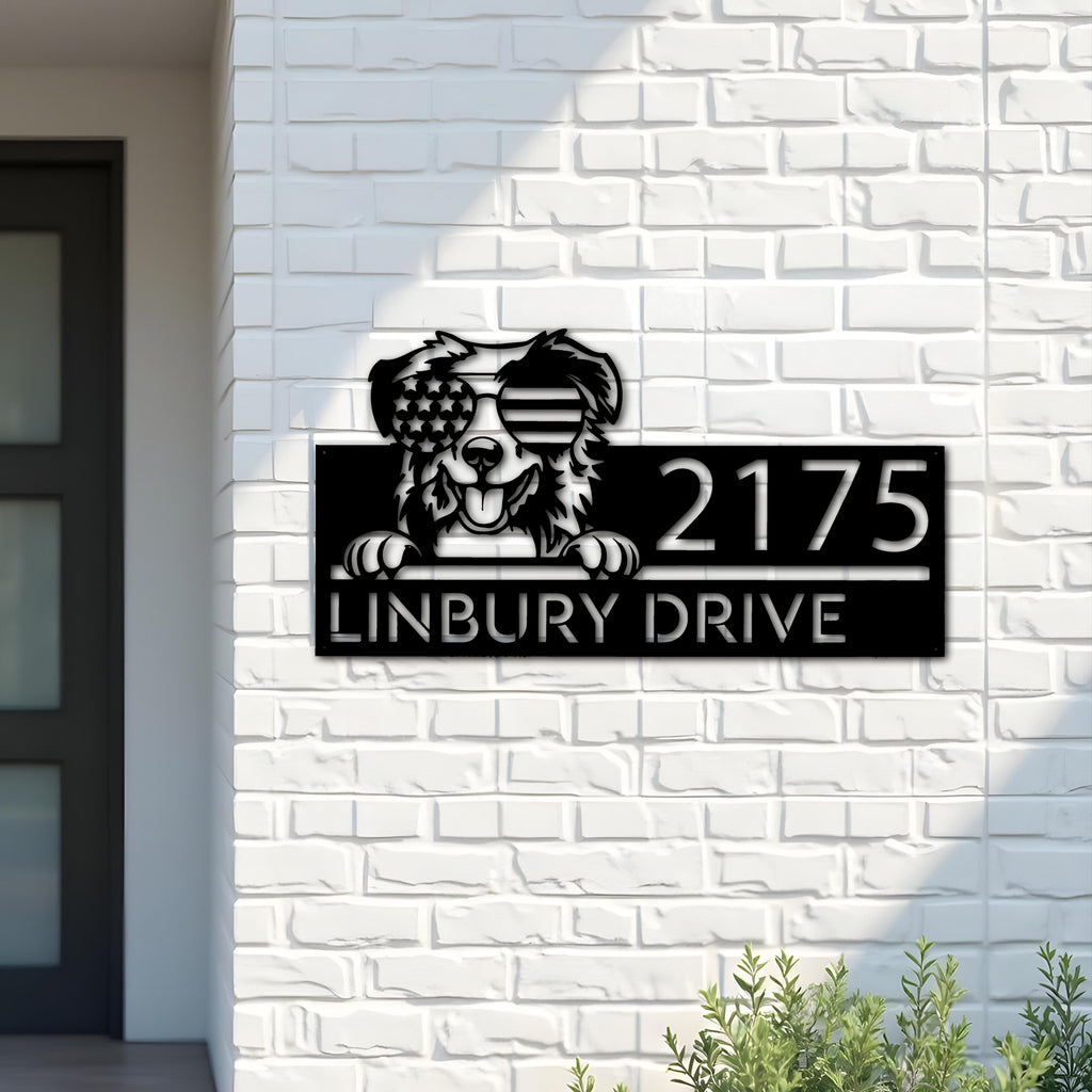 Custom Metal Australian Shepherd dog US glasses Metal Address Sign House number Hanging Address Plaque Yard Sign Outdoor decor