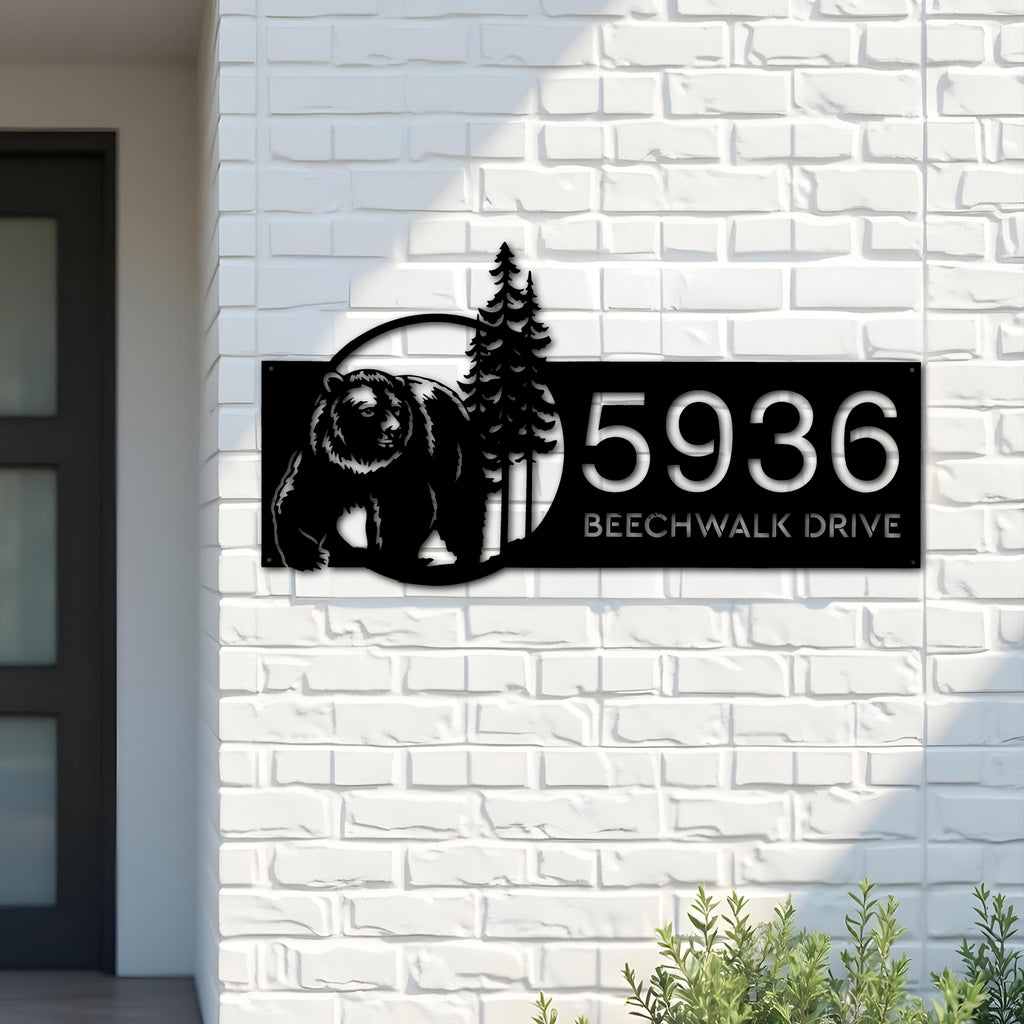 Custom Metal Bear forest scene wild life Metal Address Sign, House number, Outdoor Number Signage, Yard Sign Address Plate