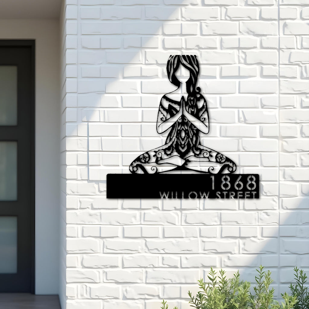 Custom Metal Yoga Girl in hippie style Metal Address Sign, House number, Outdoor Number Signage, Yard Sign Address Plate