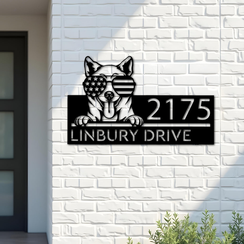 Custom Metal Shiba Inu dog US flag glasses Metal Address Sign House number Hanging Address Plaque Yard Sign Outdoor decor