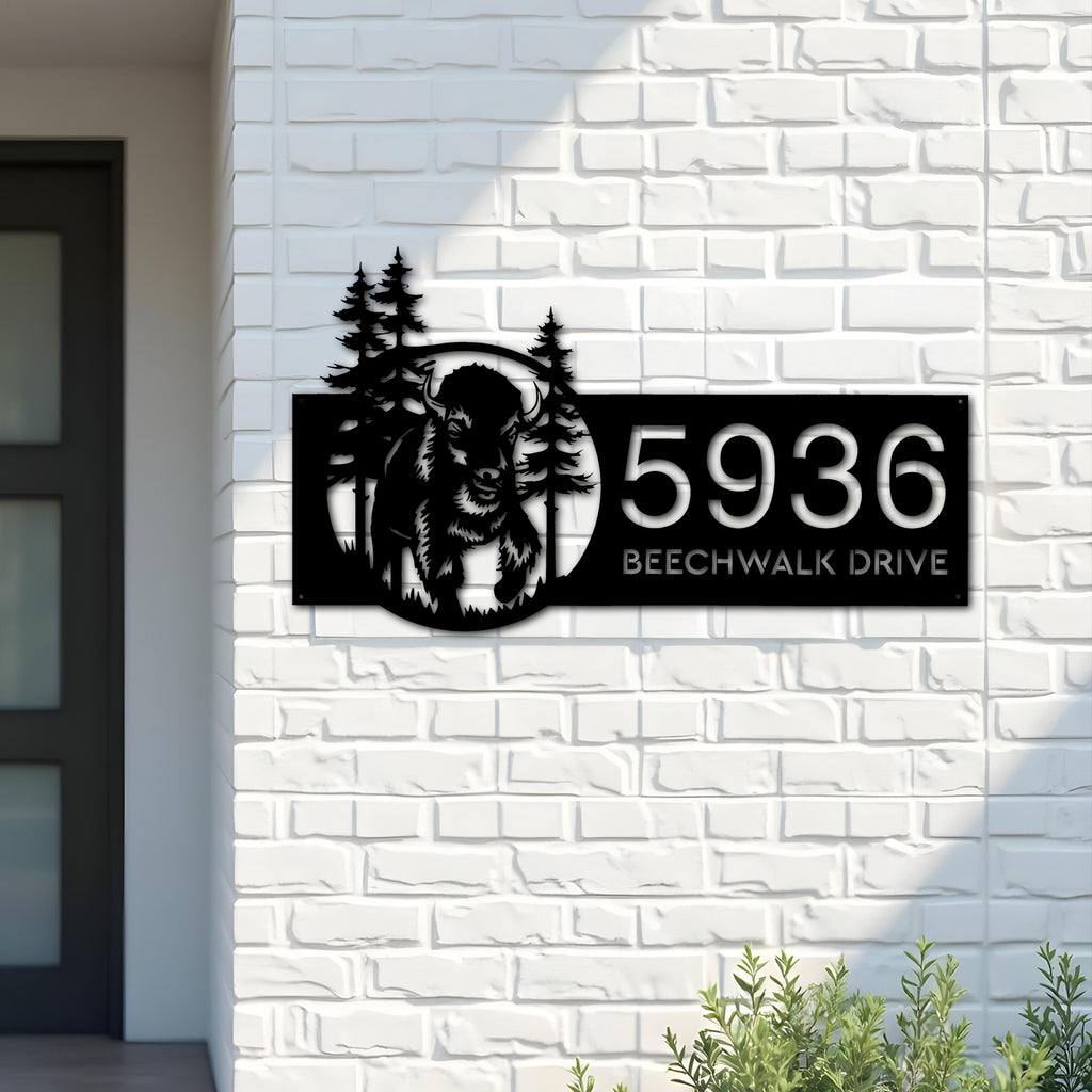 Custom Metal Bison forest wild life Metal Address Sign, House number, Outdoor Number Signage, Yard Sign Address Plate