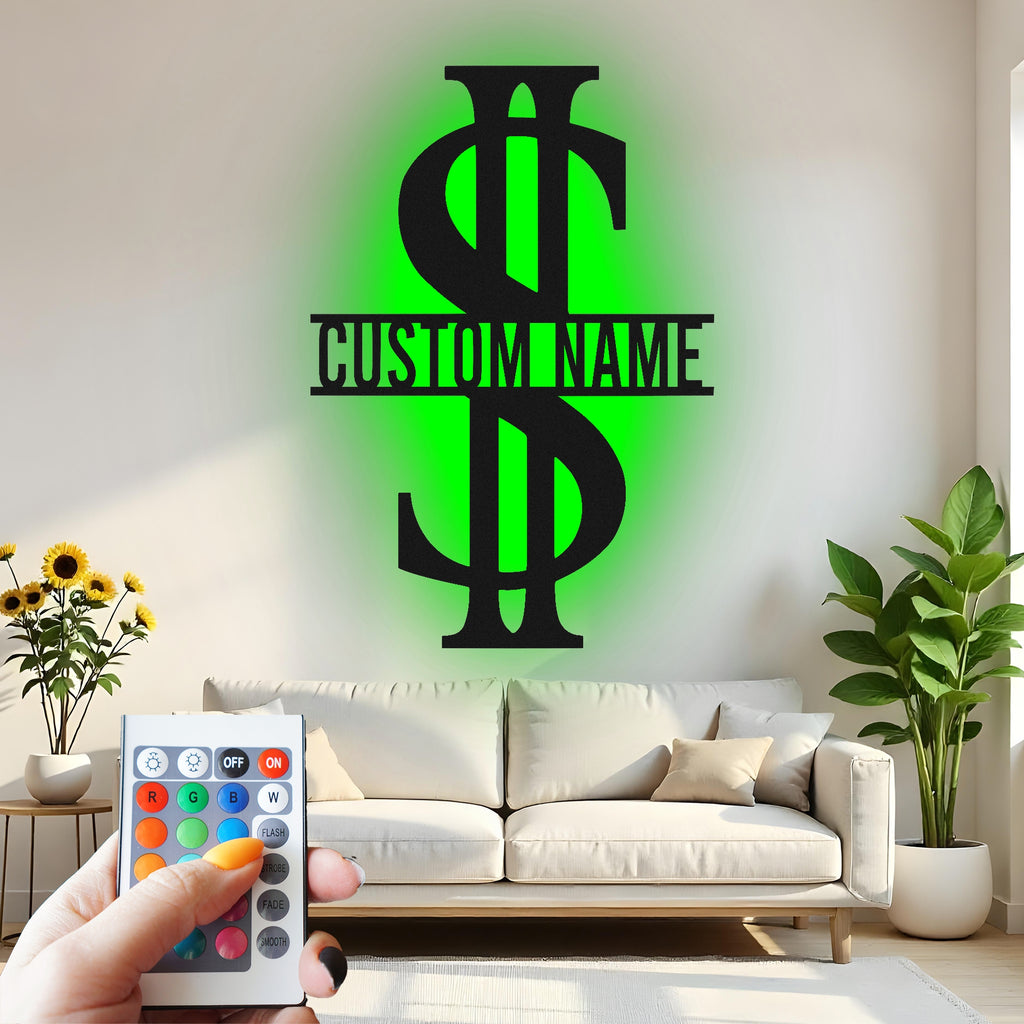 Custom Dollar Sign Metal Wall Art With Led Light , Personalized Money Symbol Decor, Unique Gift for Entrepreneur, Office Wall Hanging