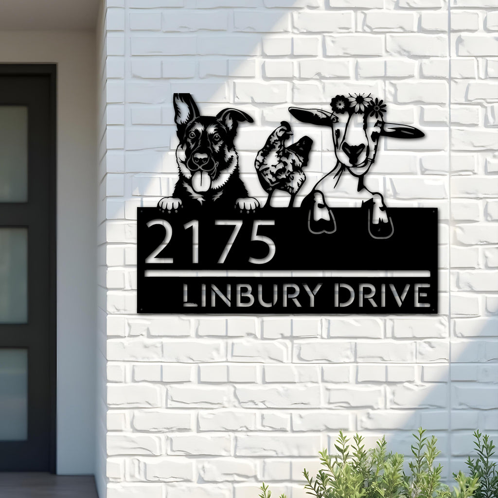 Custom Metal German shepherd chicken and goat Metal Address Sign, House number, Outdoor Number Signage, Yard Sign Address Plate