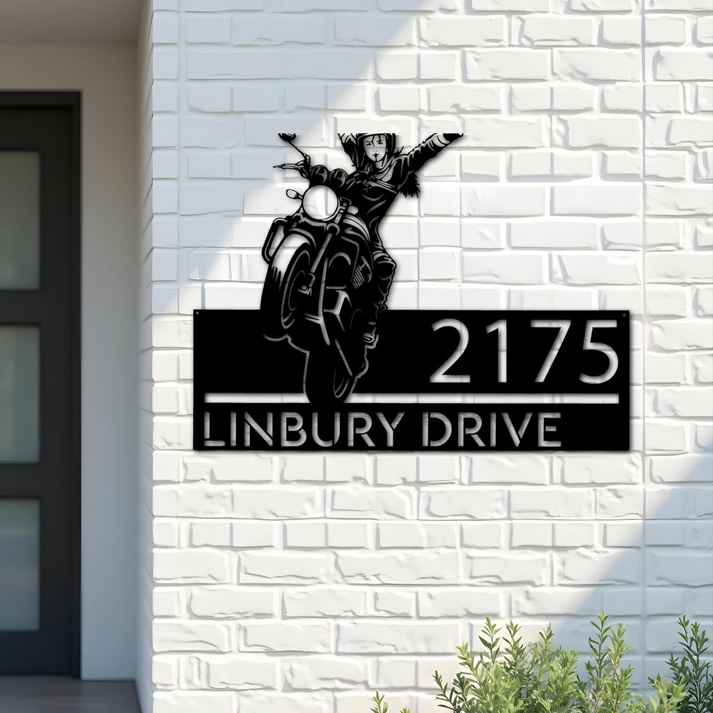 Custom Metal Girl biker bike rider Metal Address Sign, House number, Outdoor Number Signage, Yard Sign Address Plate