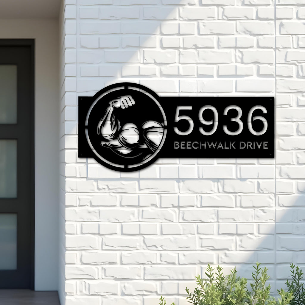 Custom Metal Bicep Muscle Gym bodybuilding Metal Address Sign, House number, Outdoor Number Signage, Yard Sign Address Plate