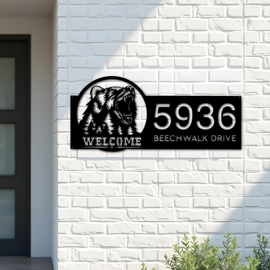 Custom Metal Bear forest scene wild life animal welcome Metal Address Sign, House number, Outdoor Number Signage, Yard Sign Address Plate