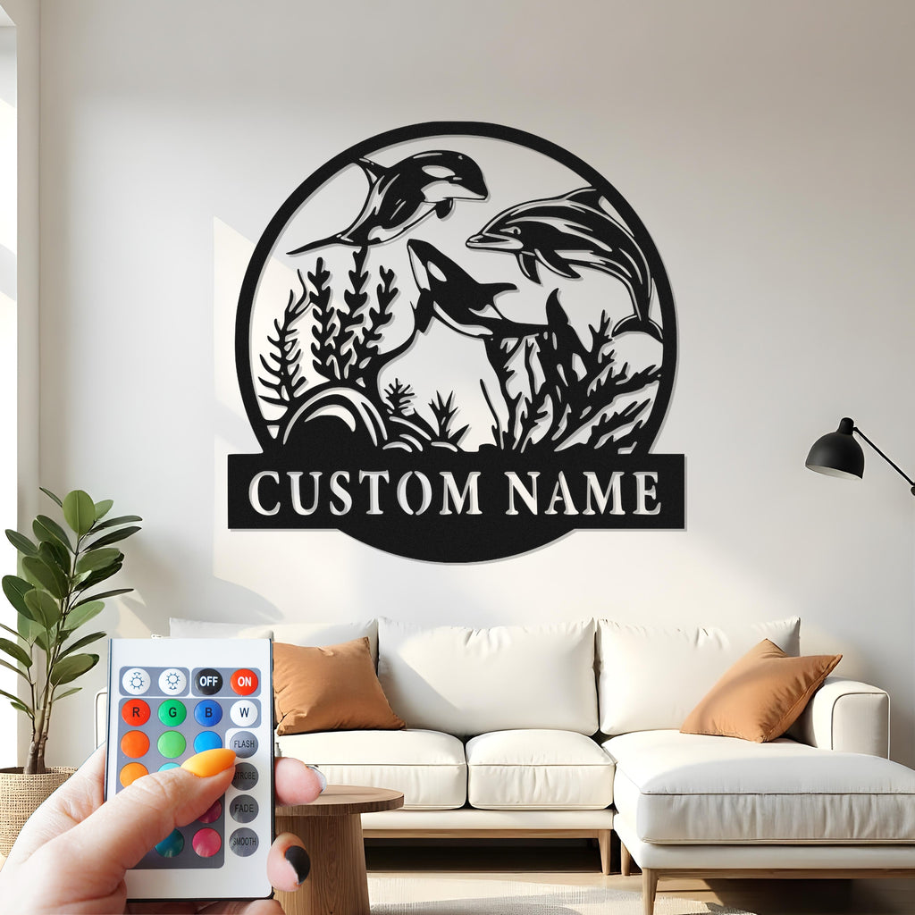 Custom Dolphin Metal Wall Art With Led Light , Personalized Ocean Sea Life Decor, Nautical Wall Hanging Gift for Beach House or Coastal Home