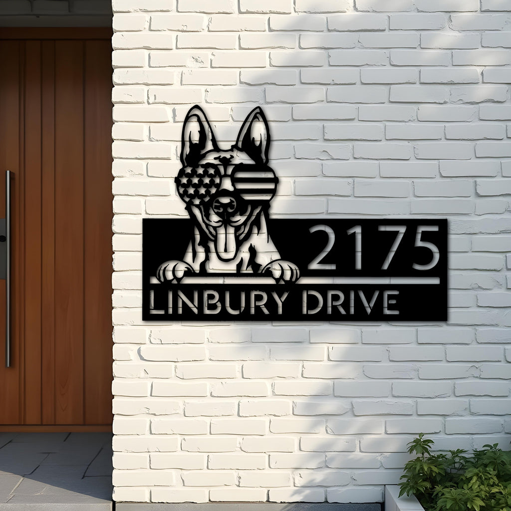 Custom Metal Belgian Malinois dog US glasses Metal Address Sign House number Hanging Address Plaque Yard Sign Outdoor decor
