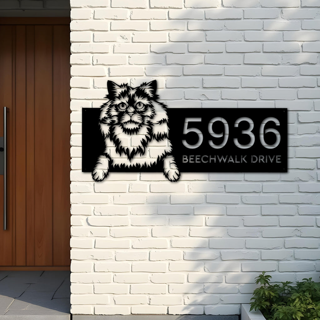 Custom Metal Selkirk rex Cute peeking cat kitten Metal Address Sign, House number, Outdoor Number Signage, Yard Sign Address Plate