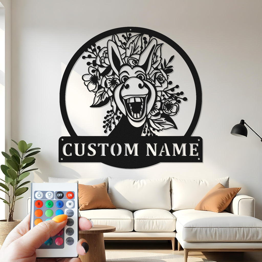 Custom Donkey Metal Wall Art With Led Light , Floral Animal Decor, Farmhouse Rustic Home Accent, Unique Gift for Animal Lovers