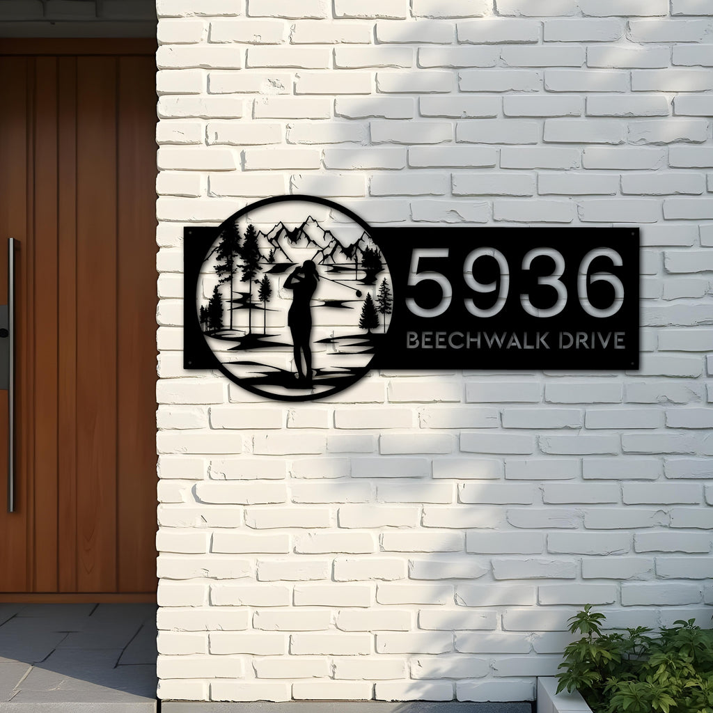 Custom Metal Golf club Golfer Girl Metal Address Sign, House number, Outdoor Number Signage, Yard Sign Address Plate