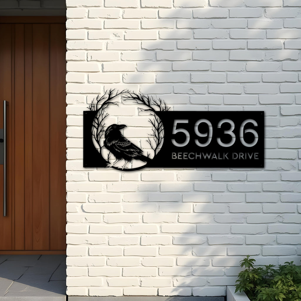 Custom Metal Raven Crow Halloween Wreath Metal Address Sign, House number, Outdoor Number Signage, Yard Sign Address Plate