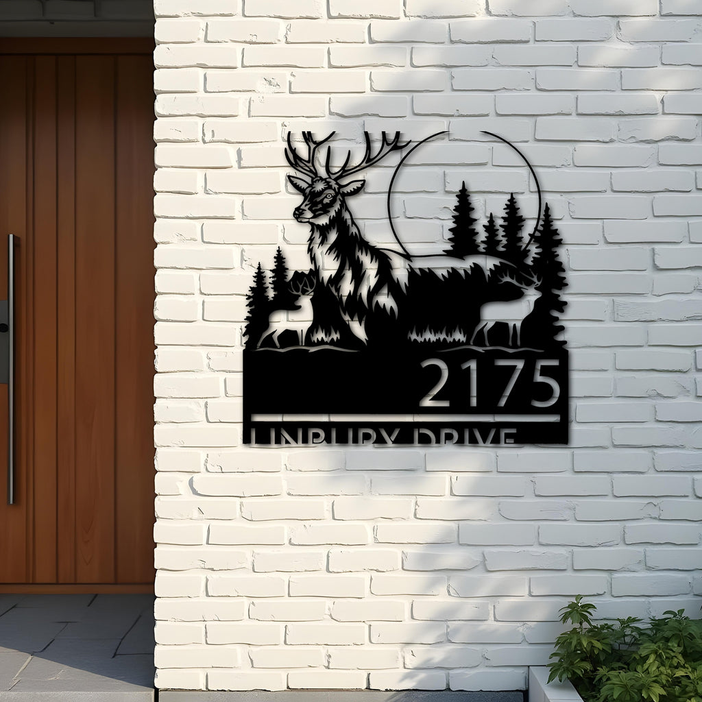 Custom Metal Elk deer wildlife scene Metal Address Sign, House number, Outdoor Number Signage, Yard Sign Address Plate