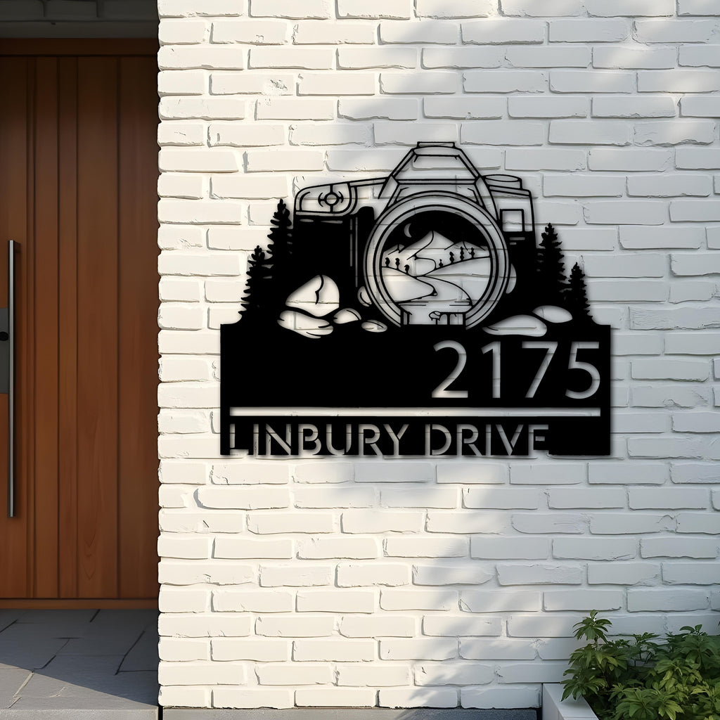 Custom Metal Camera mountain scene photography Metal Address Sign, House number, Outdoor Number Signage, Yard Sign Address Plate