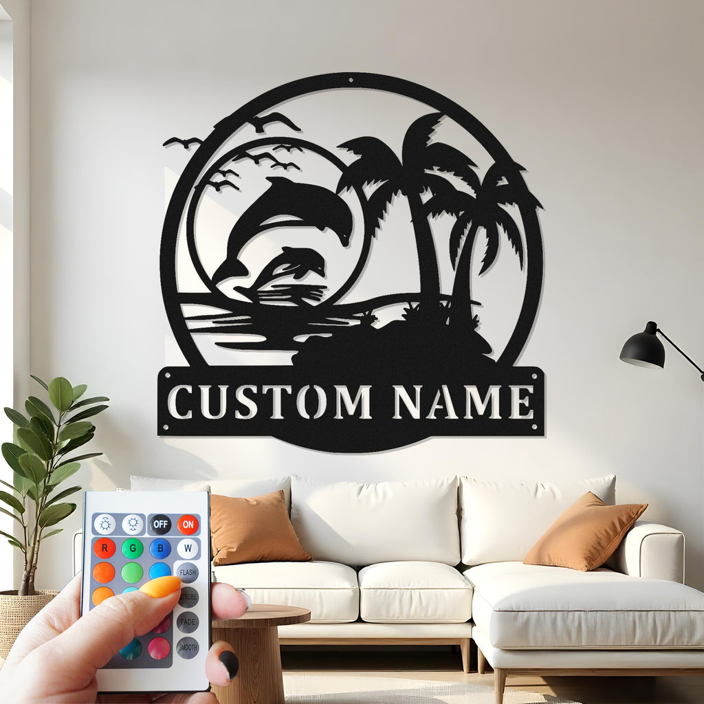 Custom Dolphin Beach Metal Wall Art With Led Light , Tropical Ocean Palm Trees Decor, Coastal Gift for Beach House