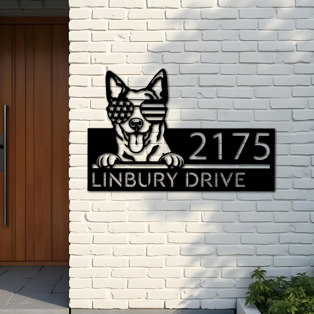 Custom Metal Australian Cattle dog US glasses Metal Address Sign House number Hanging Address Plaque Yard Sign Outdoor decor