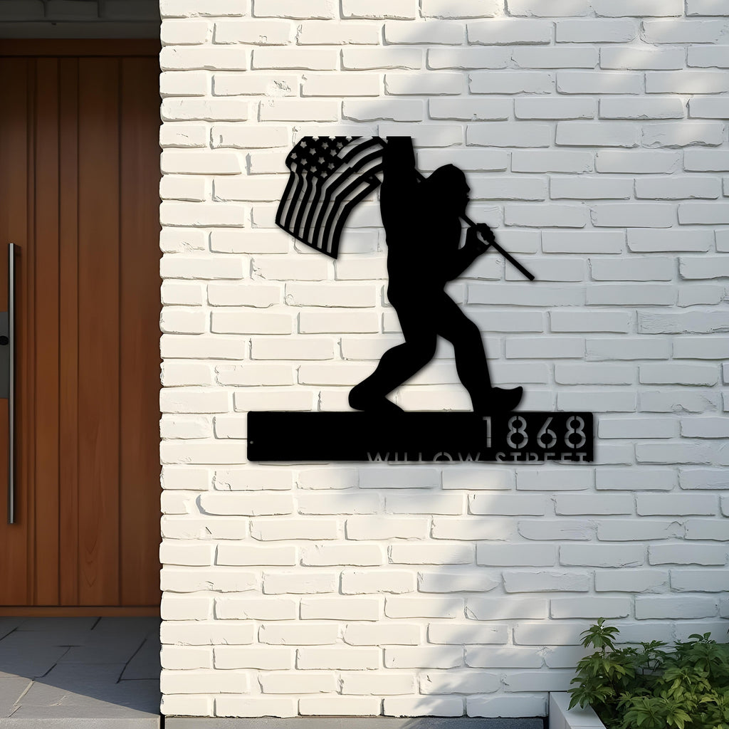 Custom Metal Bigfoot Sasquatch With US Flag Metal Address Sign Custom Hanging Address Plaque Yard Sign Outdoor Sign