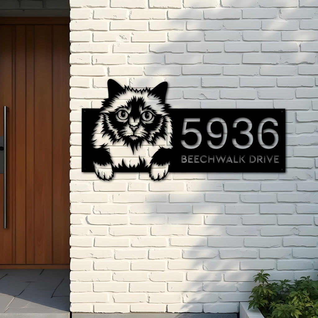 Custom Metal Holy Burma Cute peeking cat kitten Metal Address Sign, House number, Outdoor Number Signage, Yard Sign Address Plate